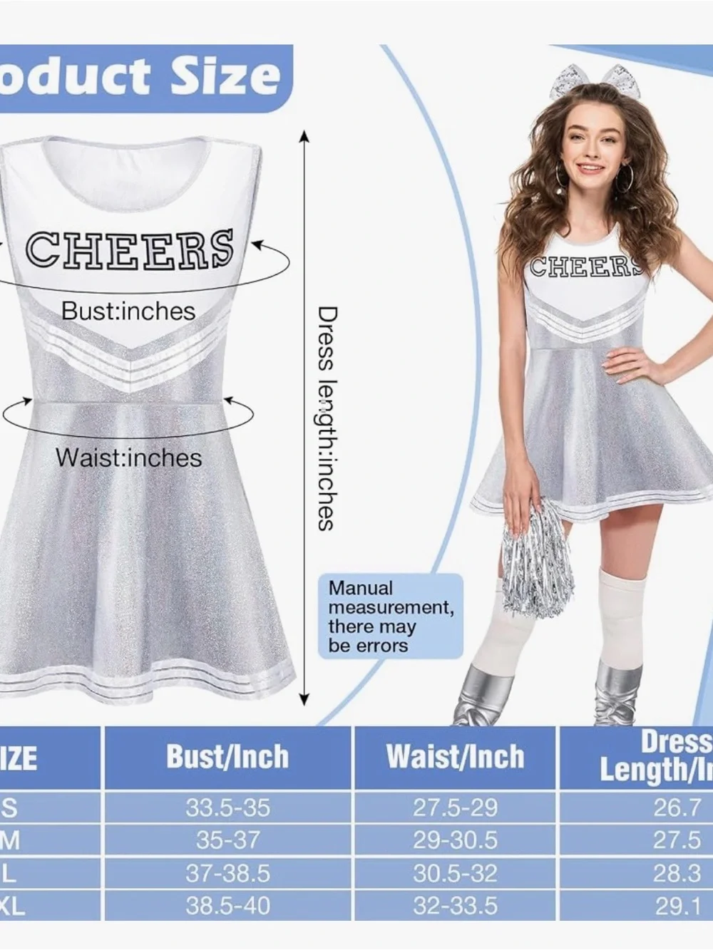 Silver Cheerleader Costume Set with Pom Poms and Bow. NIB. Size XL